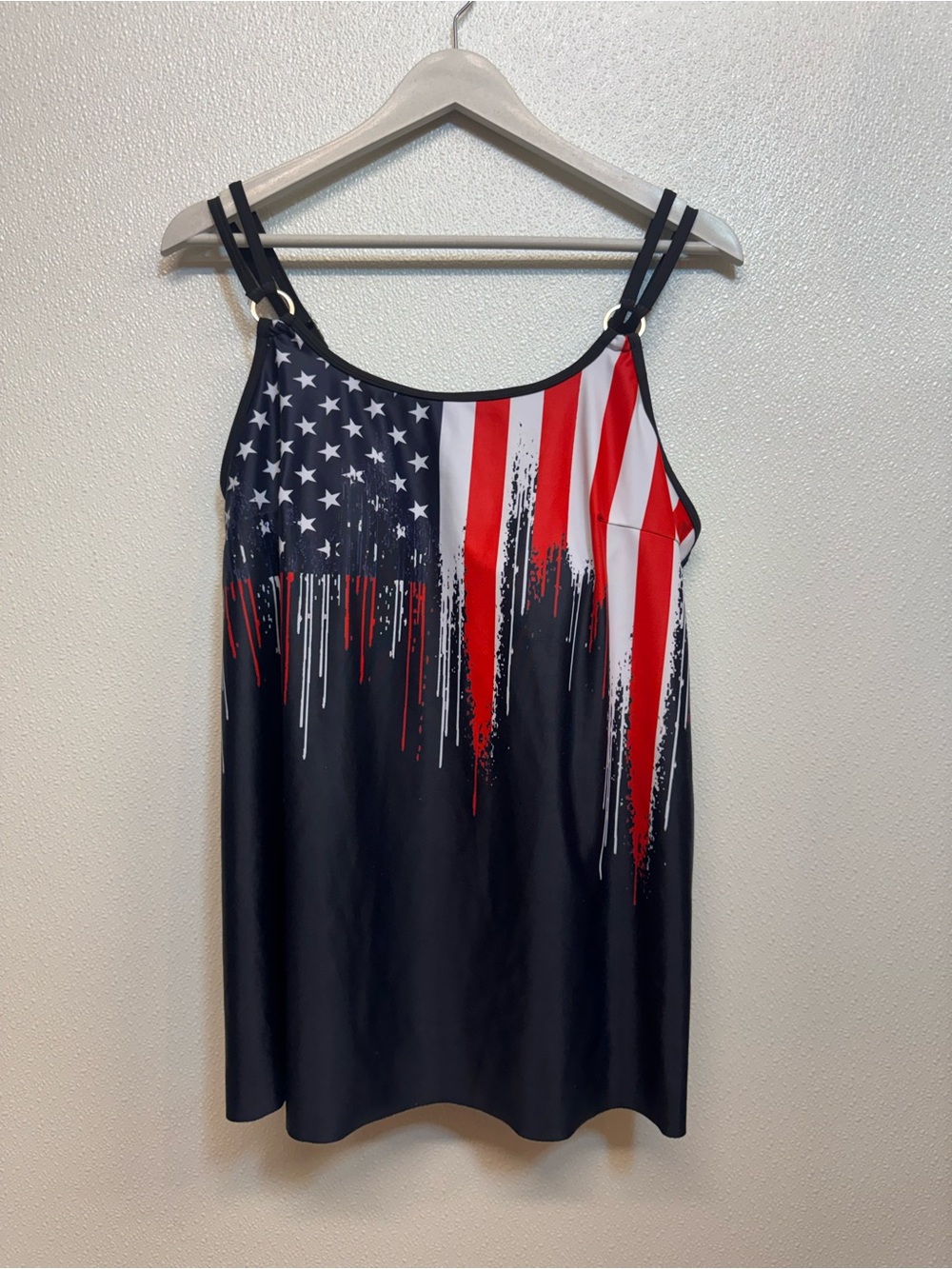 Women’s Flag Print Spaghetti Strap Swim Suit Top - Black/Red/White Sz L (D-85)